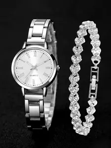 Women's Quartz Watch Set with Roman Alloy Strap and Heart Bracelet Jewelry, Casual Style, Ideal Gift for All Seasons