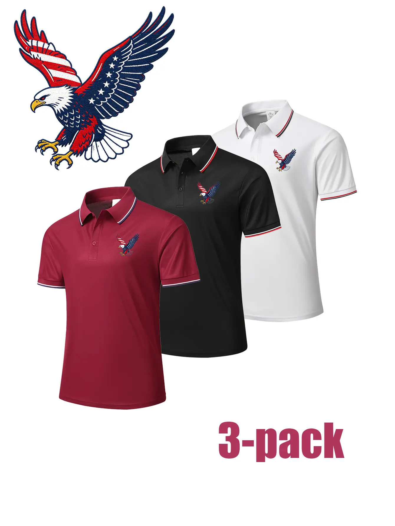 Men’s 3-Pack "Eagle Crest" Printed Business Casual Polo Shirts - Ribbed Straight Simple Stylish, Breathable Turn-Down Collar Short-Sleeve, 3-Color Fabric Menswear Tops polo shirt