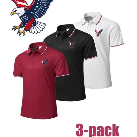 Men’s 3-Pack Classic "Eagle" Printed Business Casual Polo Shirts - Ribbed Straight Fit, Breathable Turn-Down Collar, Short-Sleeve, Fabric Tops with Buckle Accent for Suit, Trouser Pairing, Polo Classic