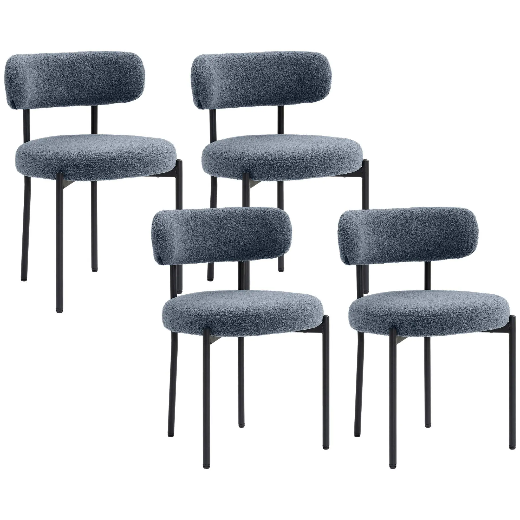 HOMCOM Boucle Dining Chairs Set of 4, Round Modern Upholstered Kitchen Chairs with Curved Backrest, Thick Cushion and Steel Legs for Dining Room, Gray