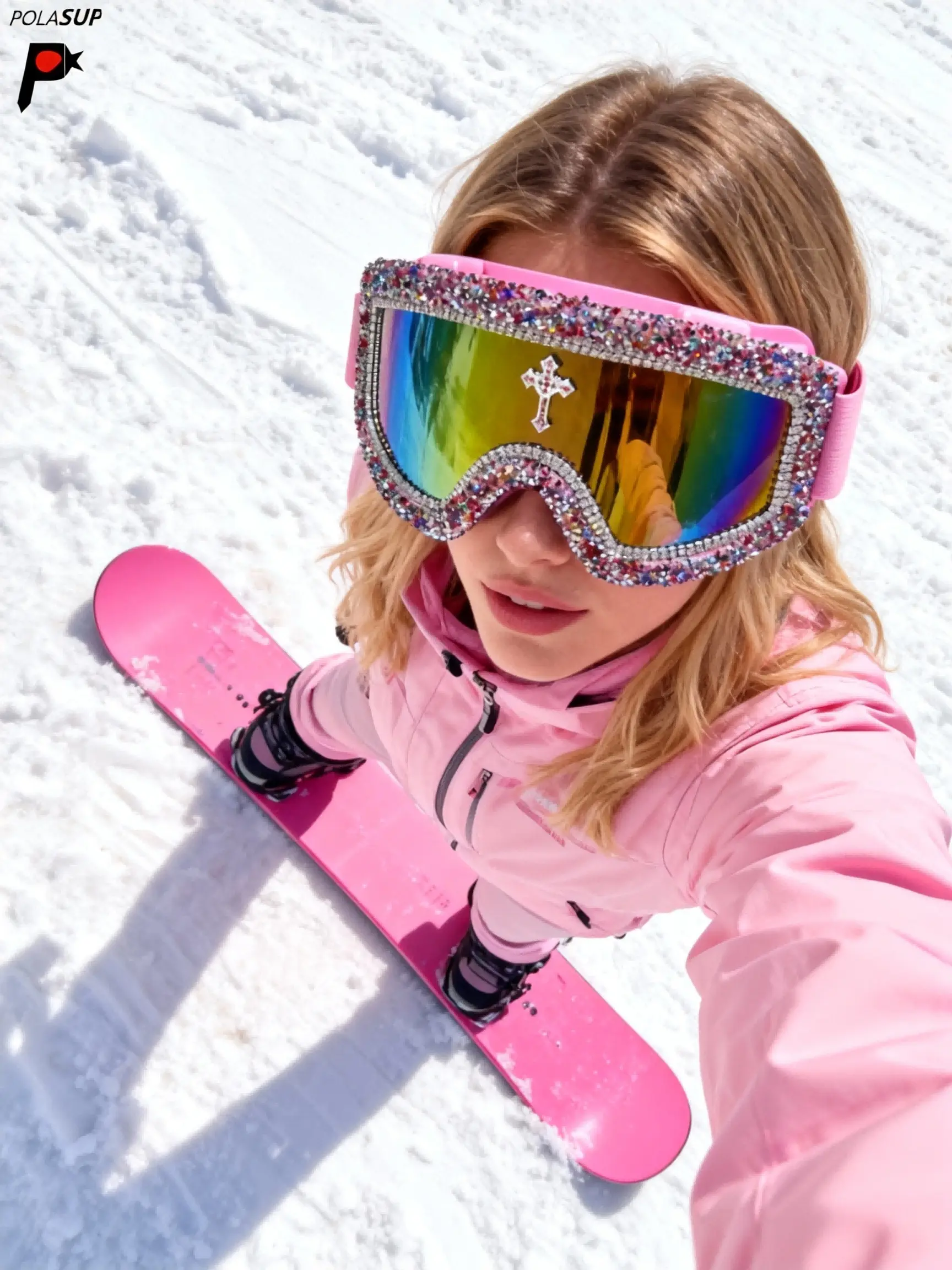 Unisex Fashion Ski Goggles with Rhinestone Cross Decoration, PC Anti-Explosion Lenses, Casual Street Style Sunglasses, Outdoor Sports Glasses, Rhinestone Eyewear, Skiing Eyewear, Includes Eyeglass Strap & Cloth