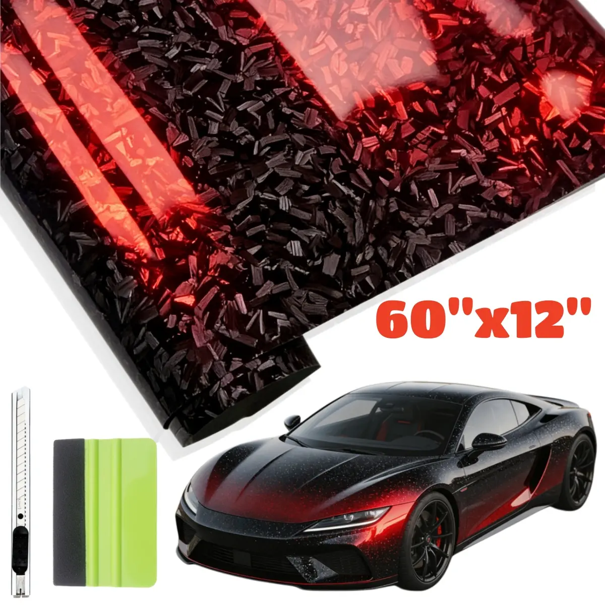 Foneso Red Reflective Car Body Sticker with Squeegee + Cutter Kit, 60"x12" Gloss Forged Carbon Fibre Self Adhesive Decal Vinyl Wraps Stripe Sticker Air Release For BMW Chevrolet Ford Honda Jeep Nissan Toyota Mercedes-Benz Hyundai VW Buick MAZDA Tesla, Car