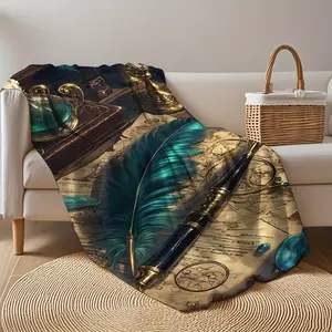 1 Piece Extra Large Flannel Blanket - Thick 280GSM All-Season Warmth, Vintage Map and Feather Design in Gold/Turquoise/Black/White/Blue - Camping, Home, Gift Use Oversized Throw Blanket, Machine Washable Luxurious Picnic Beach Blanket, Comfortable Home