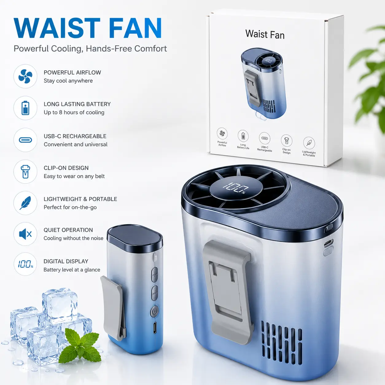 Waist Fan - Cool Blue, USB-C Rechargeable, 8 Hours Battery Life, Clip-On Design, Lightweight & Portable, Perfect for Hot Conditions