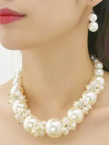 Vintage Style Exaggerated Faux Pearl Necklace Earrings Set, Retro Fashion Jewelry for Women, Elegant Accessory
