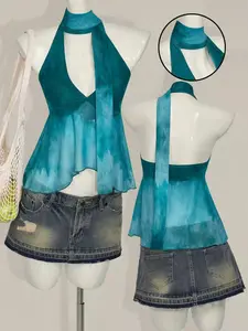 Women's Summer Fashion Knit Tank Top, Tie-Dye Backless V-Neck, Vintage Flowy Sleeveless Vest, Perfect for Daily Dates and Gatherings