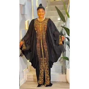 Black Kaftan Tasseled Dress with Rhinestones, African Bubu Wedding Guest Attire Abaya Mother of The Bride Outfit