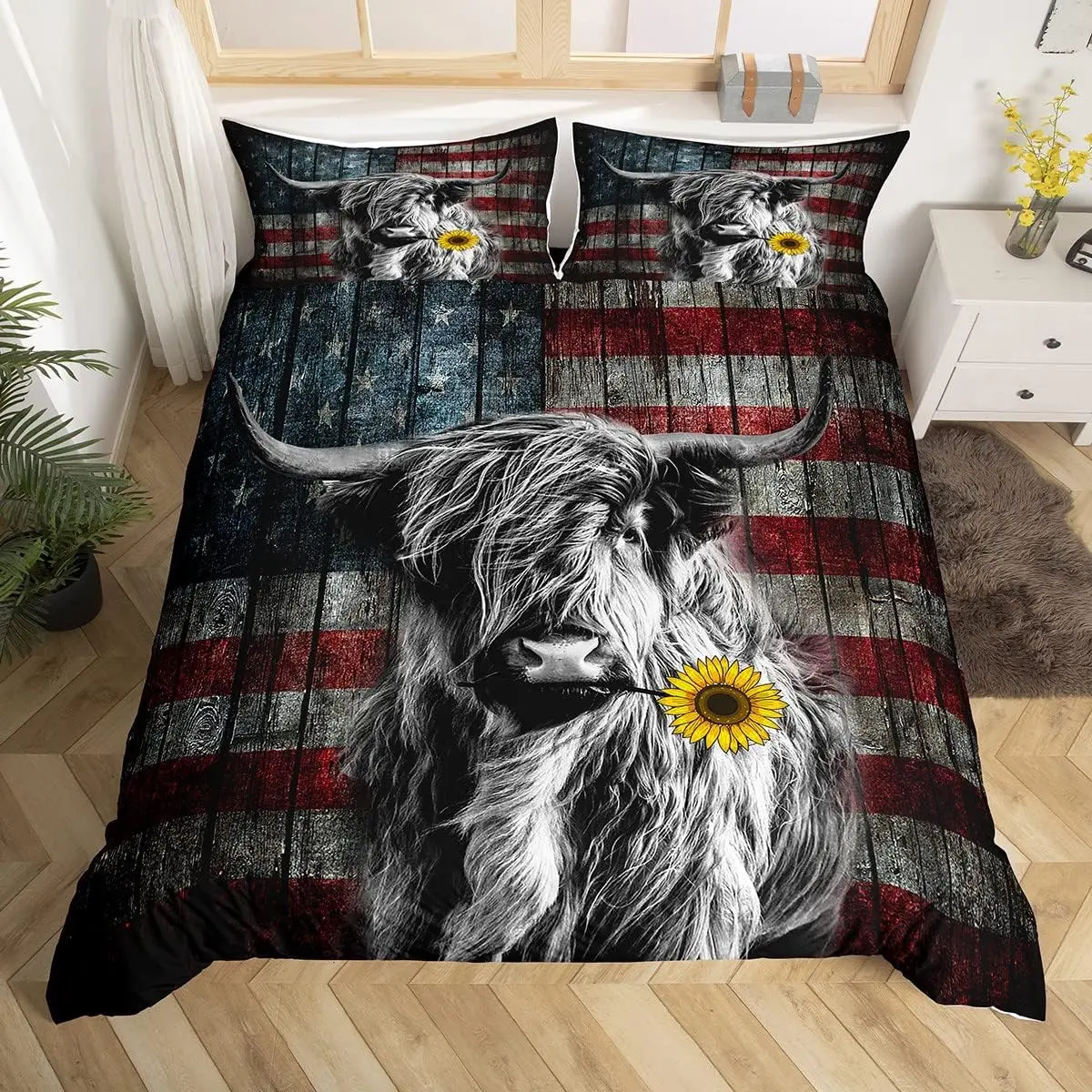 Feelyou Animal Print Duvet Cover Set - Highland Cattle, American Flag Bull, Sunflower Design, Polyester Bedroom Bedding Set, Machine Washable, Multi-Size for Twin/Queen/King Beds, No Comforter, Bedding Sets, Queen Bedding Sets