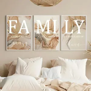 3-Piece Family Quote Wall Art Set, Art Deco Modern Classic Style Posters, Solid Pattern with Golden Marble Touch, Letters Theme Canvas Prints, Vintage Letters Print for Home Office, Living Room, Bedroom, Frameless Indoor Decor Artwork