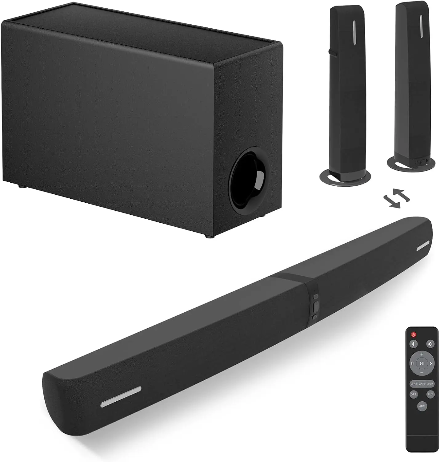 Sound Bar with Subwoofer, 110W Sound Bar for Smart TV with Adjustable Deep Bass & Volume Boost & 3 Equalizer Modes, Bluetooth/ARC/Opt/AUX, Detachable Soundbar for TV/PC/Gaming/Projectors