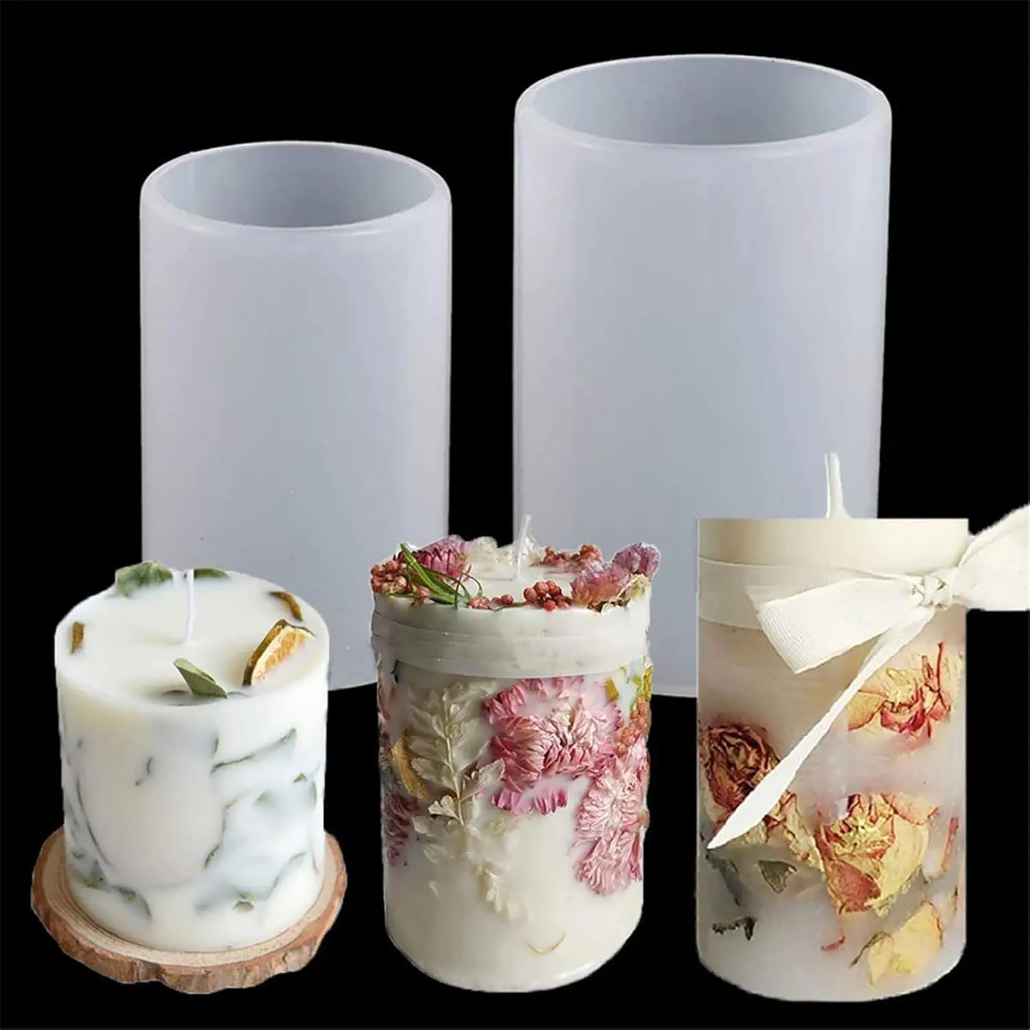 3D Cylinder Round 2-Pack Silicone Resin Candle Molds, Flower & Candle Mold for Soap Making, Handmade Crafts (Home & Festive Party Supplies)