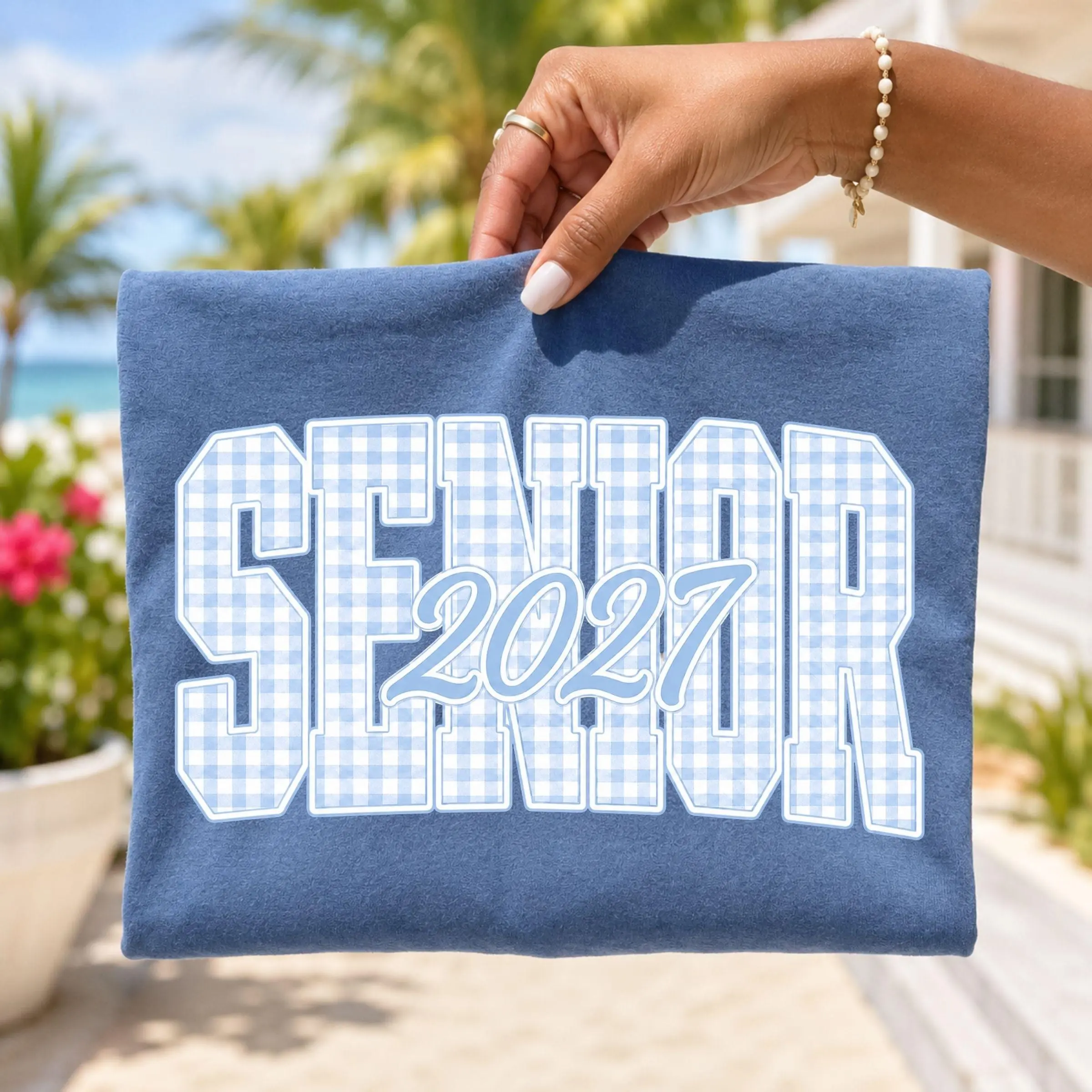 Senior 2027 Comfort Colors Blue Gingham Senior Tee, Class of 2027 Shirt, Graduation Gift, High School Senior Shirt