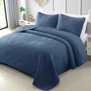 Ultrasonic King Quilt, Lightweight Navy Blue Bedspreads Geometric Coverlet for Seasons (1 Quilt and 2 Pillow Shams)