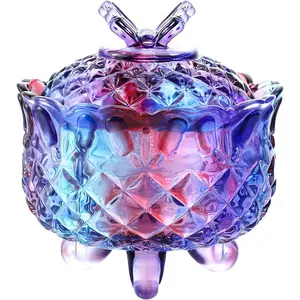 Royal Embossed Crystal Glass Candy Box with Lid Footed Jewelry Bowl Wedding Buffet Kitchen Storage Jar, 10 oz