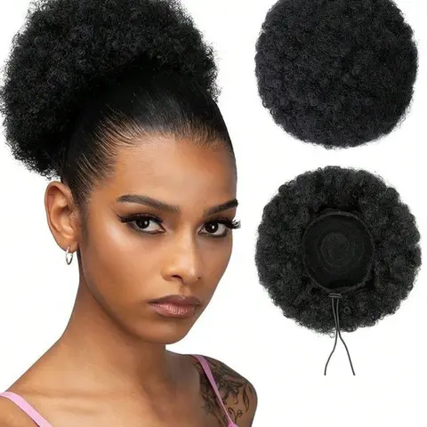 Afro Puff Puffs Drawstring Ponytail, Drawstring Pony Tails, Short Synthetic Kinky Edge Curly Bob Kinky Curly Bun Hair Extensions, Updo Hairpieces for Black Women Girls