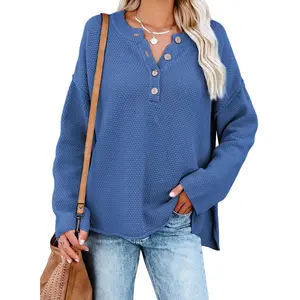 Women Solid Color Sweater Blue Waffle Knit Pullover Side Split Tunic Tops 12 14