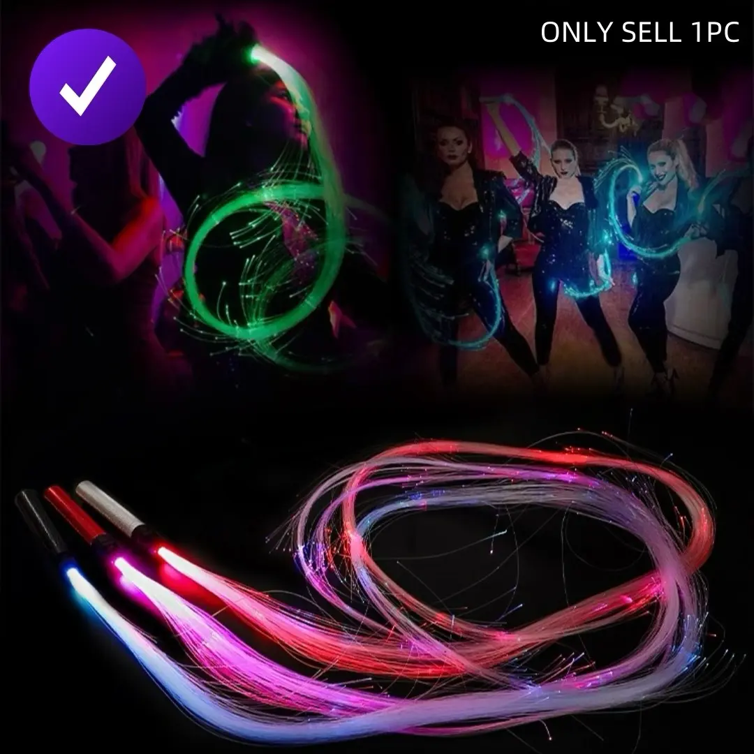 Fiber Optic LED Whip Toy Set, Led Whip Lightstick, Metal Handle, 7 Color Changes, USB Rechargeable, Flashing Prop for Stage Performance, Includes Battery, Light Up Sticks