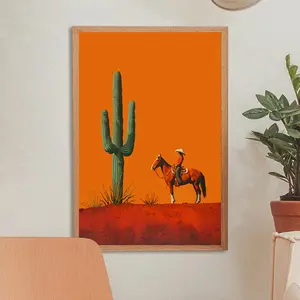 Vintage Cowgirl and Cowboy Terracotta Sunset Canvas Art Print – Minimalist Bohemian Western Wall Decor with Warm Orange Hues, Unframed Home Decor Poster, 2D, Perfect for Room Decor