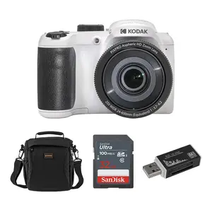 Kodak KODAK PIXPRO AZ255-WH 16MP Digital Camera 25X Optical Zoom 24mm Wide Angle Lens Optical Image Stabilization 1080P Full HD Video 3" LCD Vlogging Camera, With Bag & 32GB SD Card + Card Reader