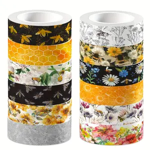 12 Rolls Floral & Bee Themed Washi Tape - Mixed Color Natural Elements like Daisies & Honeycombs to Brighten Scrapbooking Journals, Collages & Cozy Theme Projects