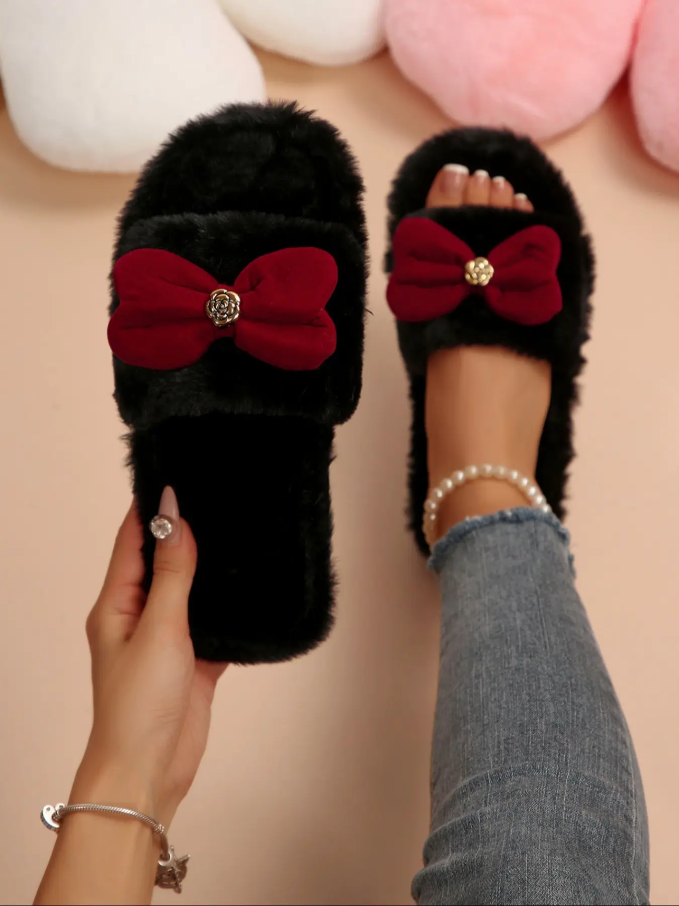 Women's New Fuzzy Home Slide Slippers, Warm House Slippers, Fashionable Design with Large Bowknot, Soft Plush, One-Piece Slip-On, Fall & Winter Comfort Footwear