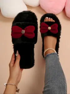 Women's New Fuzzy Home Slippers, Fashionable Design with Large Bowknot, Soft Plush, One-Piece Slip-On, Fall & Winter Comfort