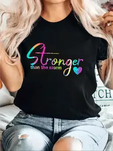 Women's Slogan & Heart Print Round Neck Tee, Fashion Colorful Graphic Short Sleeve T-Shirt, Women Clothes for Daily Casual Outdoor Wear