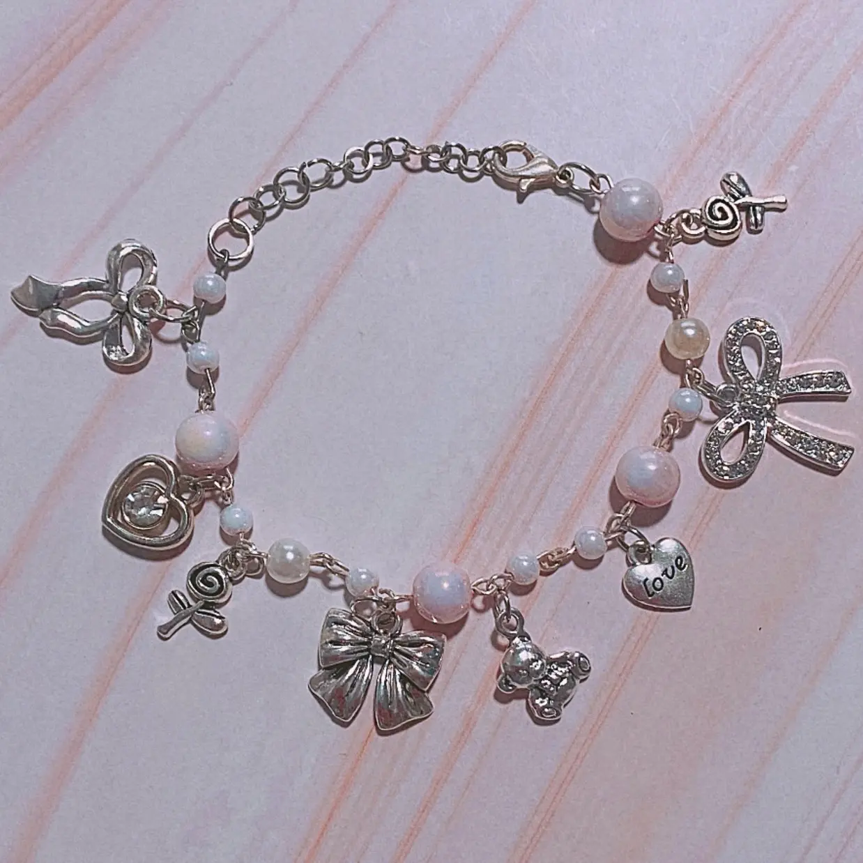 Pink Coquette Bow Charm Bracelet - Y2K Style