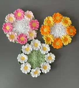 Handmade Crochet Daisy Coaster Set, Floral Cup Holder with Basket