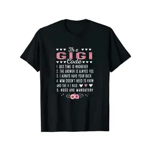 Women's Funny Grandma T-Shirt - The Gigi Code Retro Y2K Graphic Tee with Heart & Gigi Saying - 100% All-Season Casual Shirt for Mother's Day Gifts, Grandma Birthday, Family Gatherings - Black with White & Pink Lettering - Comfortable Casual Attire for Coo