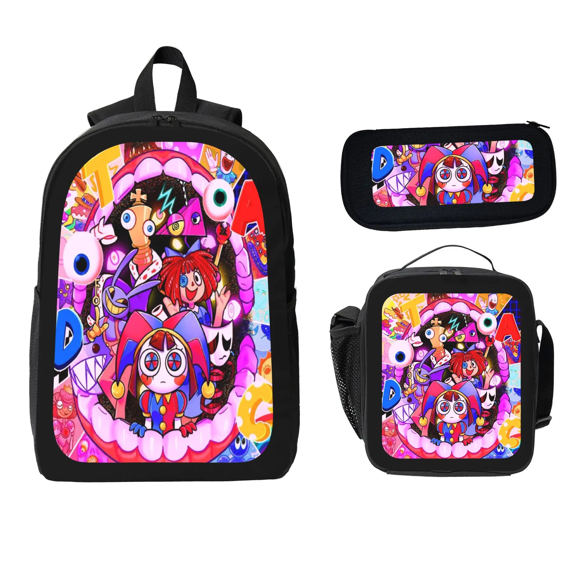 The Amazing Digital Circus Cartoon Backpack 3-Piece Backpack- Includes School Bag, Pencil Case, Insulated Lunch Bag - Polyester Lightweight for Daily Use, Zoo, Park & Holiday