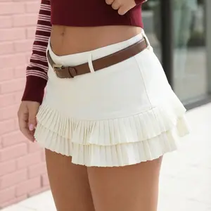 Women’s Buttercream Pleated Mini Skirt High Waisted Cute Preppy Ruffle Hem A-Line Short Skirt for Spring Summer Casual Streetwear, Vacation, Brunch, Party, Date Night, Going Out, Trendy Soft Girl Coquette Inspired Outfit Essential with Feminine Flowy Fit
