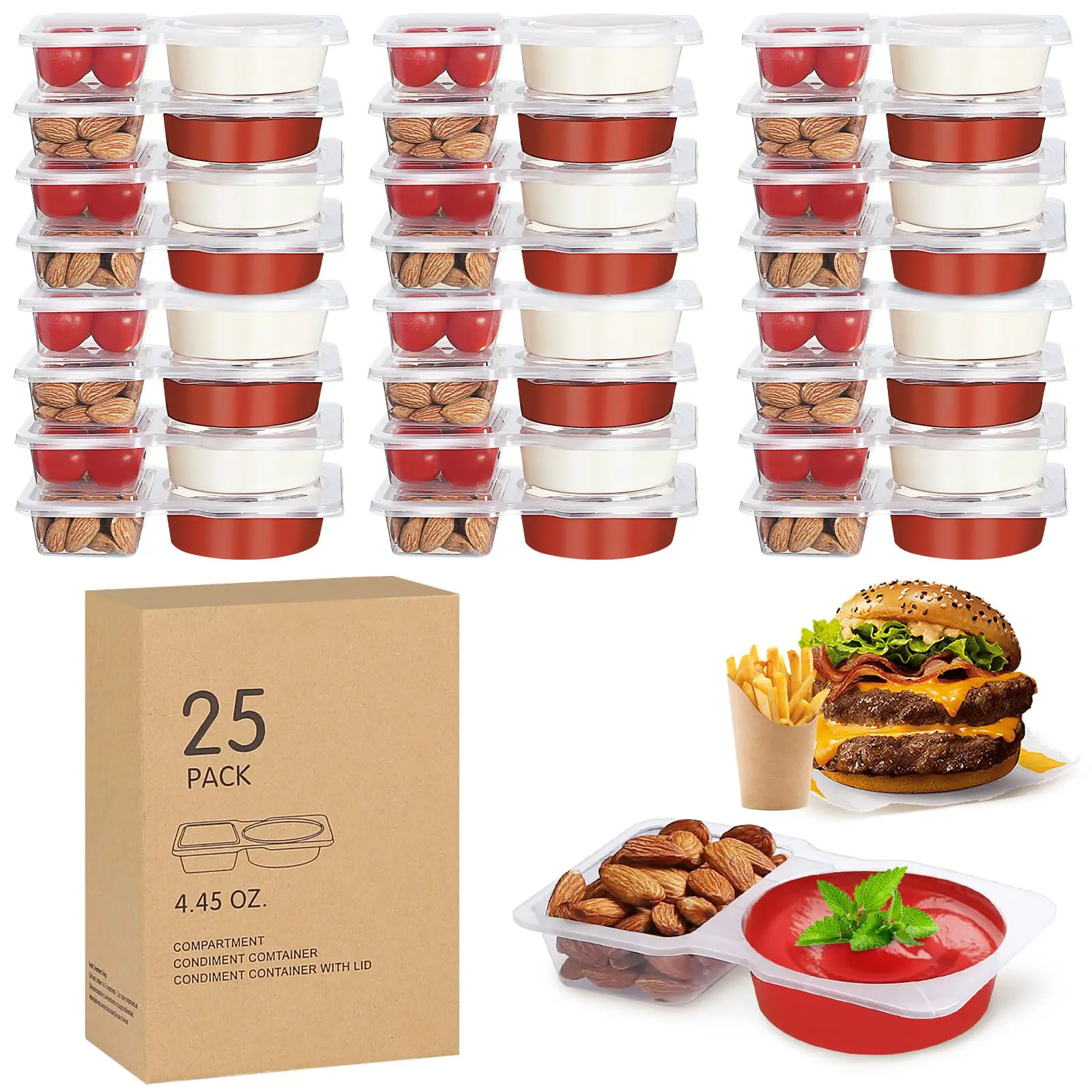 25-Pack PP Plastic 2-Compartment Kitchen Spice Container Set - BPA-Free, Disposable, Leak-Proof, Lightweight, Stackable, Portable Condiment Containers for Family Daily Routines, Camping, Cheese