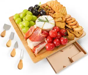Bamboo Charcuterie Board Set with Slide-Out Drawer & Cheese Knives, Small Cheese Serving Board for Housewarming, Weddings & Bridal Showers