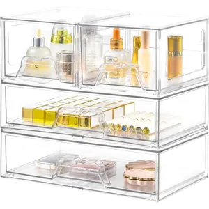 4 Pack Stackable Storage Drawers Clear  Organizer Bathroom Makeup Organizer and Storage for Beauty Supplies,Ideal for , Bathroom,Cabinet,Pantry Organization