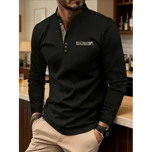 Color Block Patchwork Stand Collar T-shirt Men's Commute Versatile Stretch Top