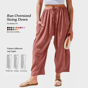 TARSE Womens Linen Wide Leg Pants Casual Loose Fit Beach Palazzo Harem Pants with Pockets Spring Summer Style