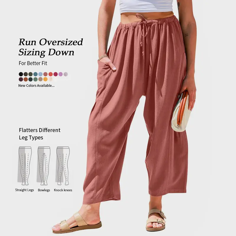 TARSE Womens Linen Blend Wide Leg Pants Casual Loose Fit Beach Palazzo Harem Pants with Pockets Spring Summer Style