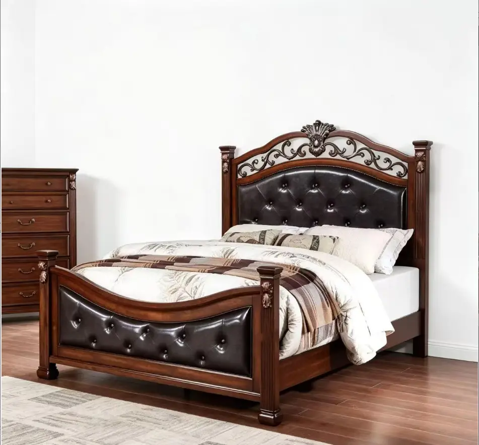 Bellemave Dark Cherry Eastern Tufted Faux Leather Upholstered Bed Frame - 1pc with Headboard & Footboard, King-Size, Pine, Birch, Ornate, Spacious Options for Indoor Furniture, King Size Bed Frame, Birch Bed Frames