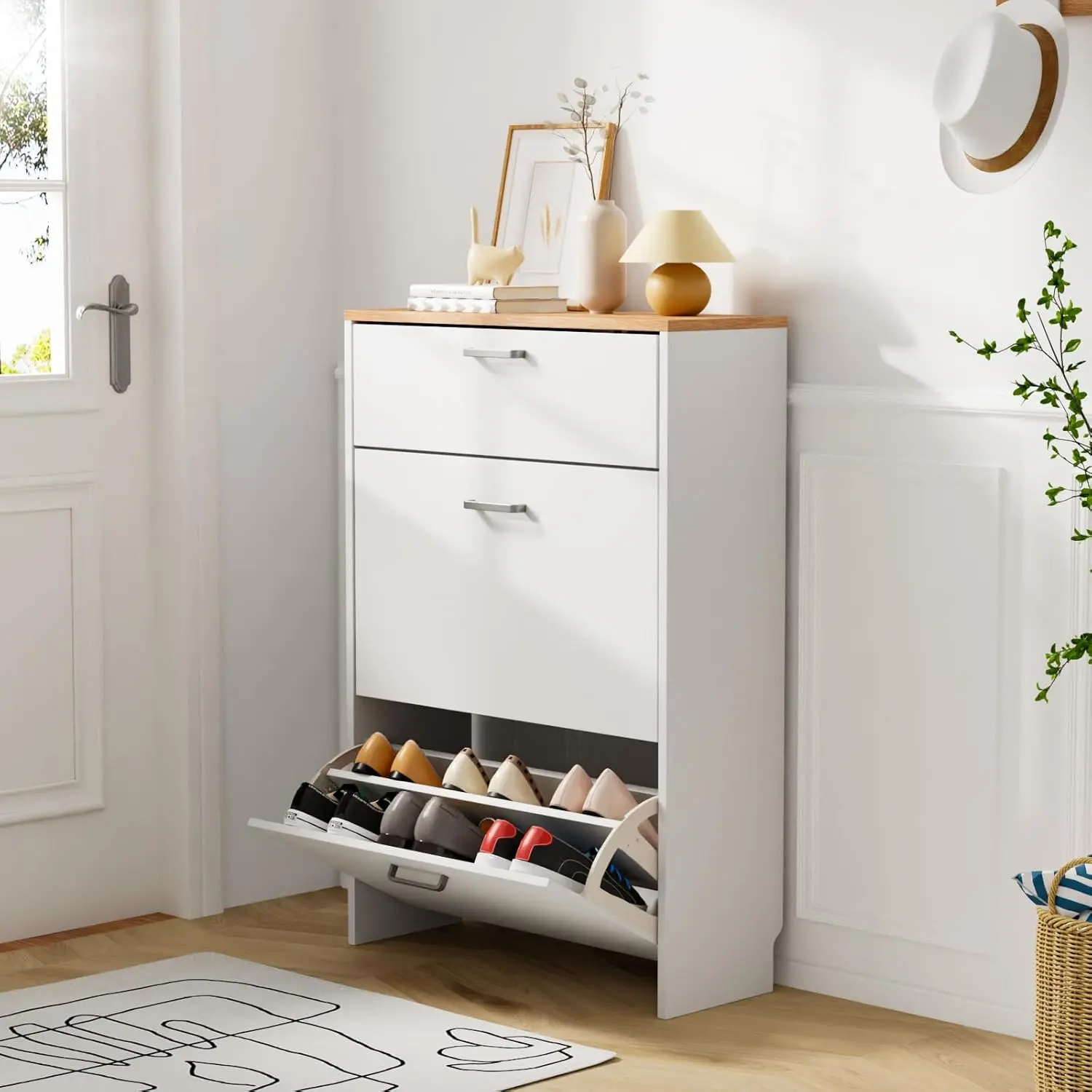 VINGLI Shoe Cabinet Storage for Entryway, Hidden Shoe Cabinet with 2 Flip Drawers & Drop-Down Door, Shoe Organizer Cabinet, Shoe Rack Cabinet, Modern Shoe Storage Cabinet, Shoes Cabinet White & Oak