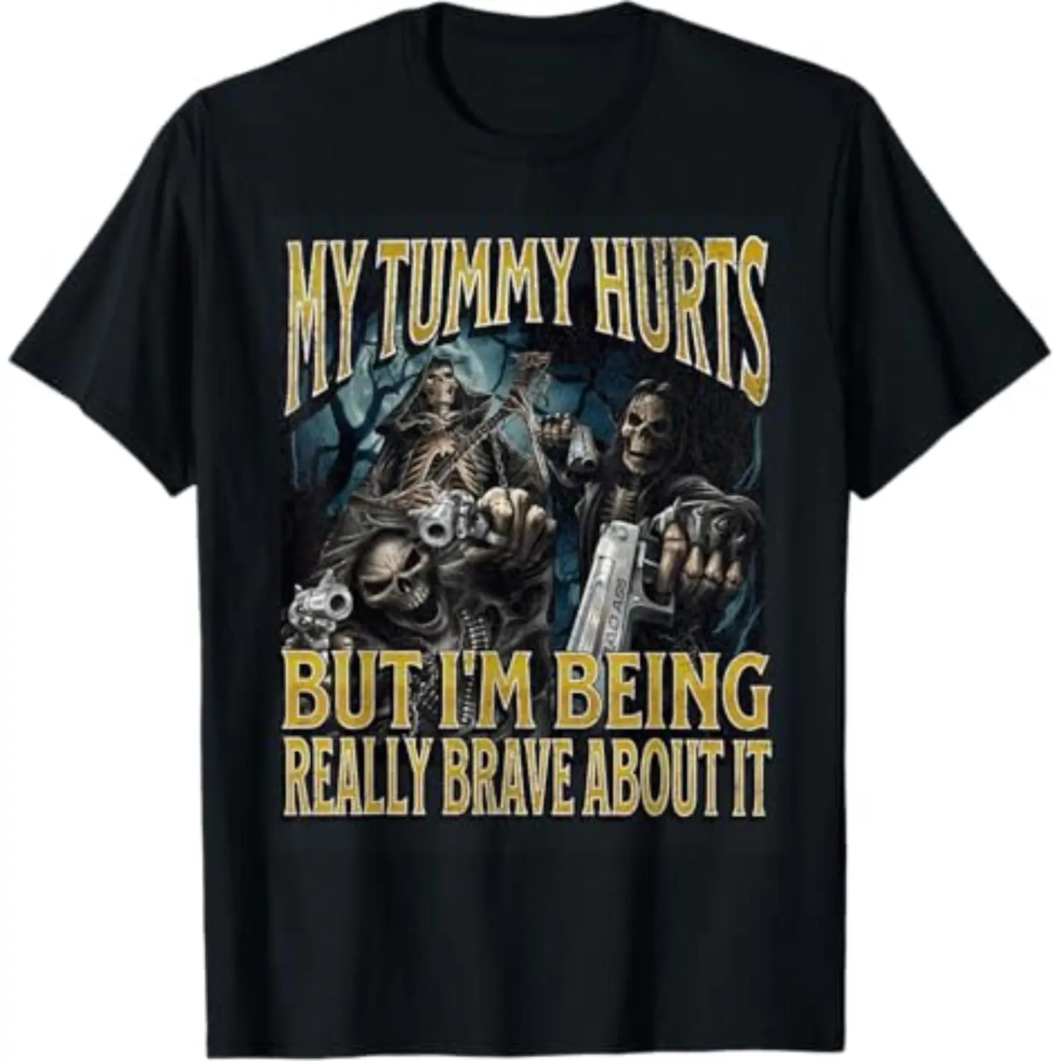 Men's Casual Short-Sleeve T-Shirt - Funny Hard Skeleton "My Tummy Hurts" Meme Bootleg Top, Menswear, Tshirt, Shortsleeve, Funny Print