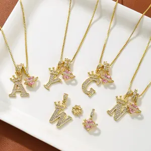 A-Z Crown Initial Heart Necklace for Men Women 14K Gold Plated Iced Out Monogram Pendant with 18" Chain DIY Name Jewelry