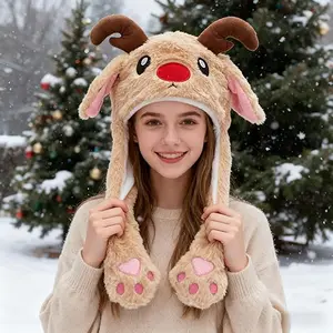 Christmas Animal Hat Ear Moving Jumping Hat,Cute Elk Plush Moveable Cap,Cosplay Party Hat for Halloween,Christmas,Brithday treat goody party