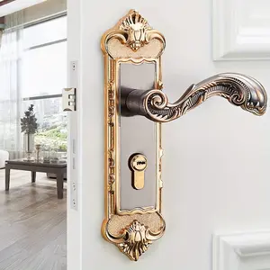 European-Style Metal Door Lock Set with Lever Handle, Key, Screws. Elegant Golden & Black Design for Bedroom, Bathroom, Hotel, Basement, Front Door, Kitchen. Bathroom Locks, Hotel Room Security, Luxurious Finish, Durable Construction.