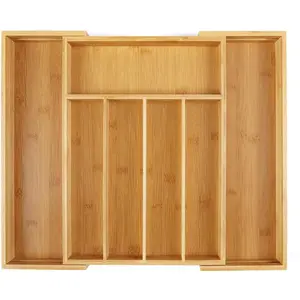 Premium Silverware Organizer - Bamboo-made with Anti-slip Design, Adjustable Cutlery Storage for Kitchen Drawers, 17 Compartments, Expandable from 11 to 19 Inches - Utensil Storage Box