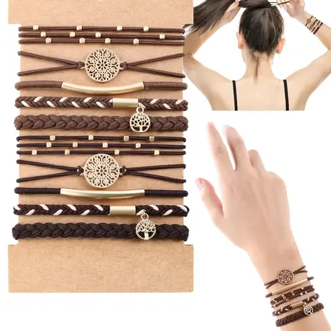 10-Piece Boho Metal Hair Tie Bracelet Set, Hair Bands, Bohemian Flair, All-Season Stylish Accessories, Durable Fabric & Versatile Design for Everyday Wear, Tree Motif, Bracelet Hair Ties, Hairbands, Fashionable Hair Accessories