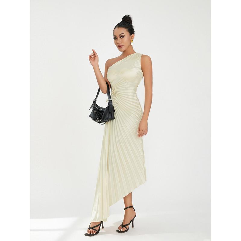 Emerald Green One-Shoulder Pleated Maxi Dress for Women - Sleeveless, Asymmetrical Hem, Floral Print, Perfect for Cocktail Parties & Formal Events, Emerald Dress