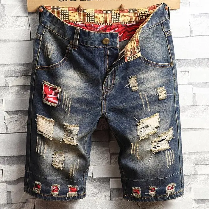Vintage distressed denim shorts with patchwork lining and rolled hem, street style, Father’s Day gift