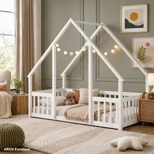 ARCH Twin Wood House-Shaped Floor Bed with Fence, Guardrails, White Pine Wood, Easy Assembly, Roof Frame, Safe Sleep Shaped Bed, Fits Toddlers’ Mattresses, Safe Sleep Bed