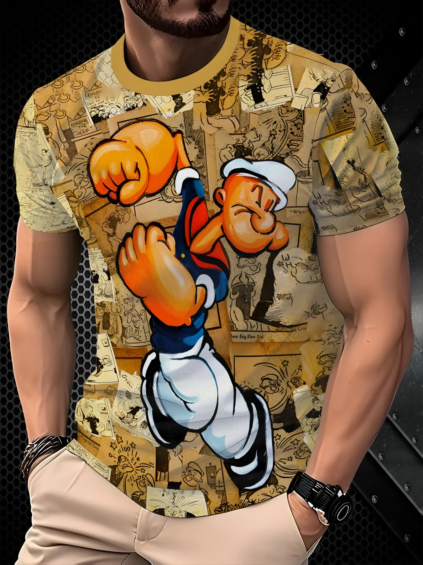 Men's Retro Popeye Comic Print T-Shirt - Round Neck, Vintage Sailor Design, Soft Breathable Fabric, Regular Fit Casual Summer Tee, Machine Washable, Bold Graphic Tee, Comfortable Material, Casual Tee Tops, Casual Streetwear Top, Casual Summer Clothing